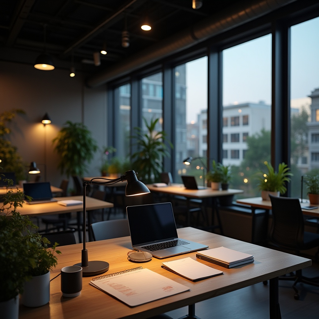 Modern software engineering workspace with plants and minimalist monitors